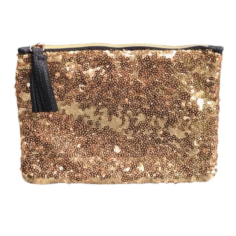 Ipsy Glam Bag Gold Sequin w Fringe Makeup, Cosmetic Bag NEW!